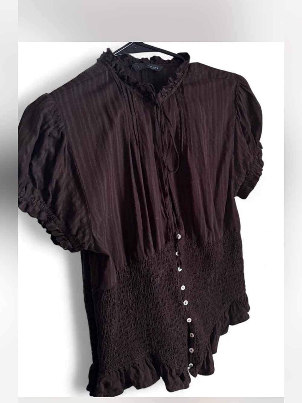 Zara Dark Brown Ruffled Button-Front Blouse - Fits like M/L
